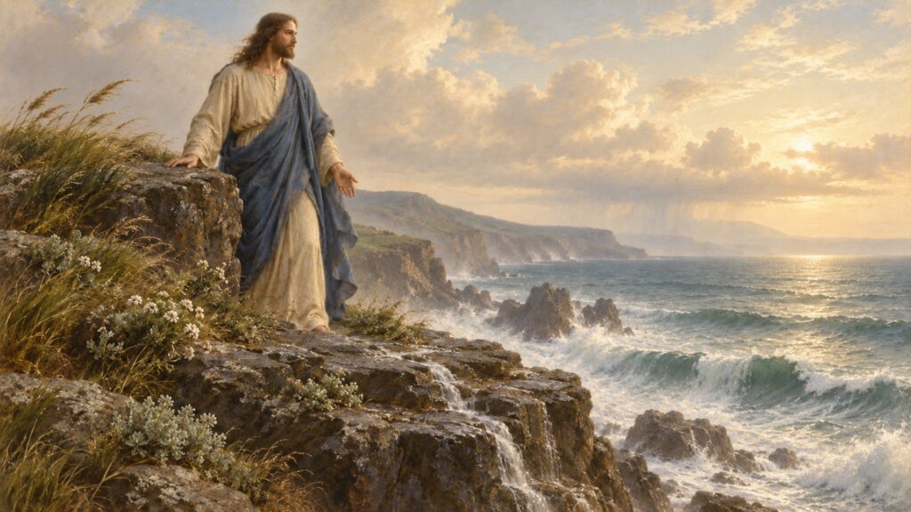 Jesus teaching on a hillside beneath a bright peaceful sky