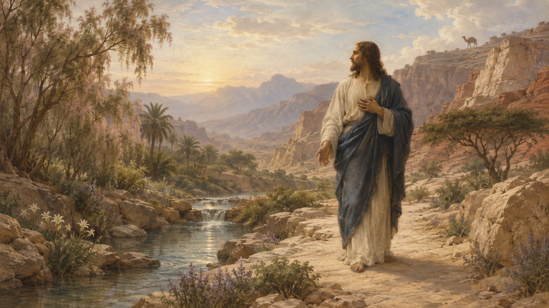 Jesus in a desert oasis with a distant camel under a luminous sky
