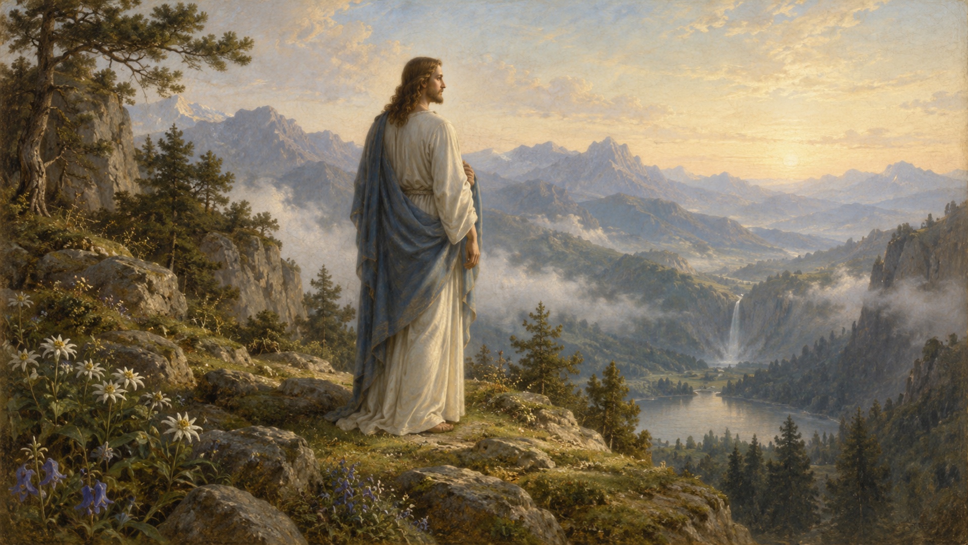 Jesus walking through a luminous landscape on the road to Emmaus
