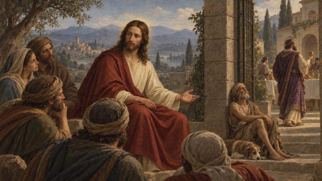 Jesus teaching the crowd as he tells the parable of the Good Samaritan