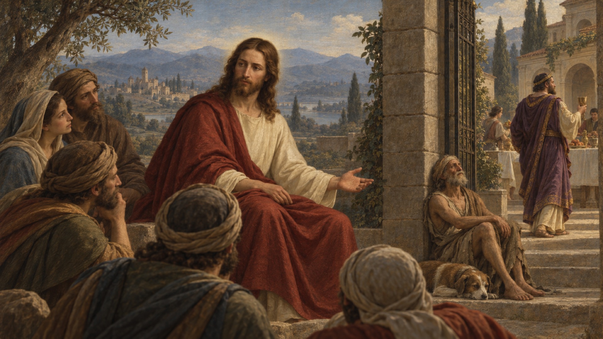 Jesus teaching the crowd as he tells the parable of the Good Samaritan