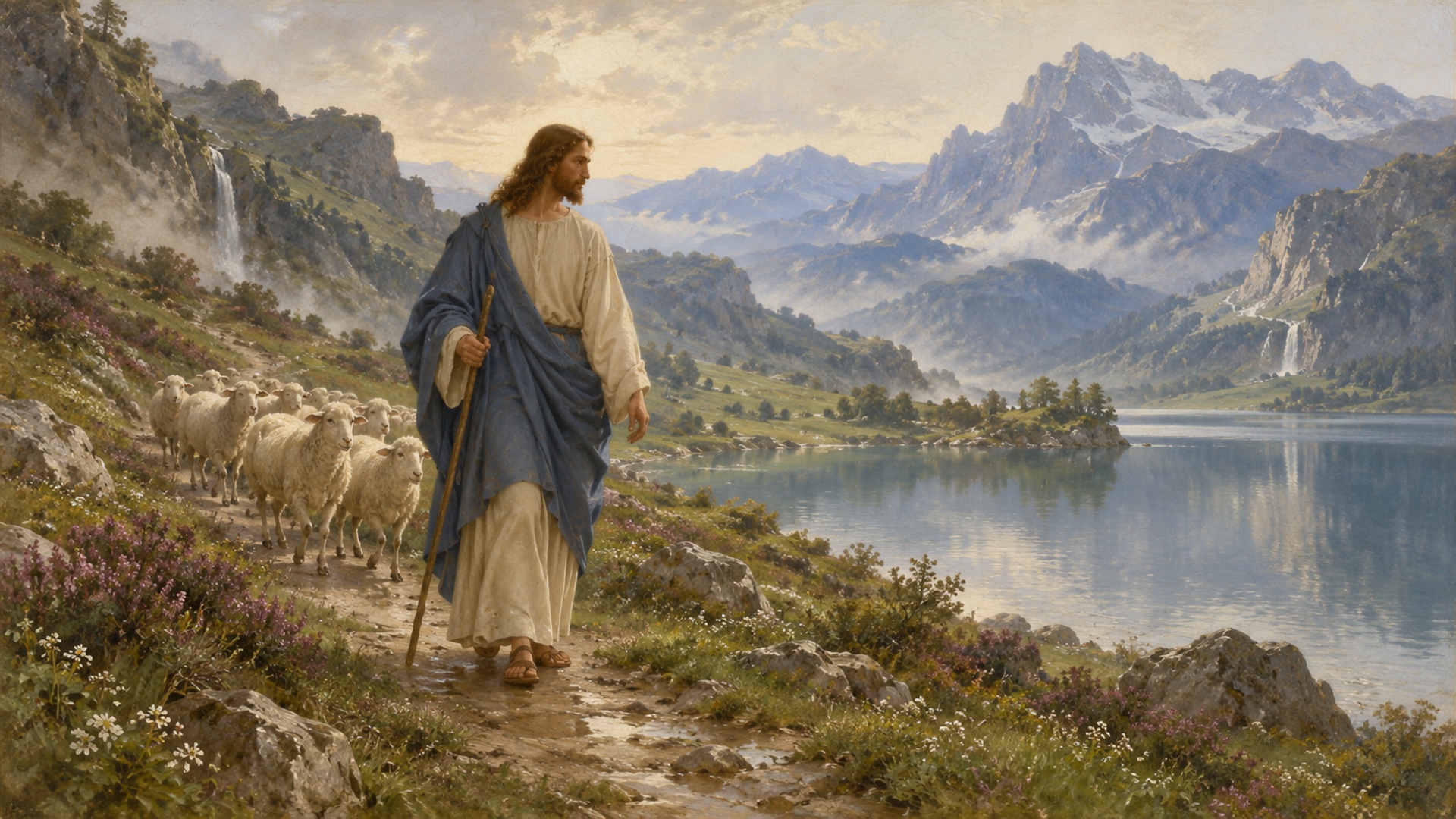 Jesus walking with a flock of sheep beside a mountain lake.