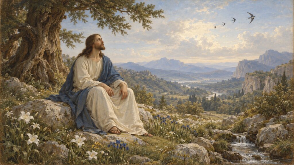The risen Jesus in a peaceful garden near the empty tomb