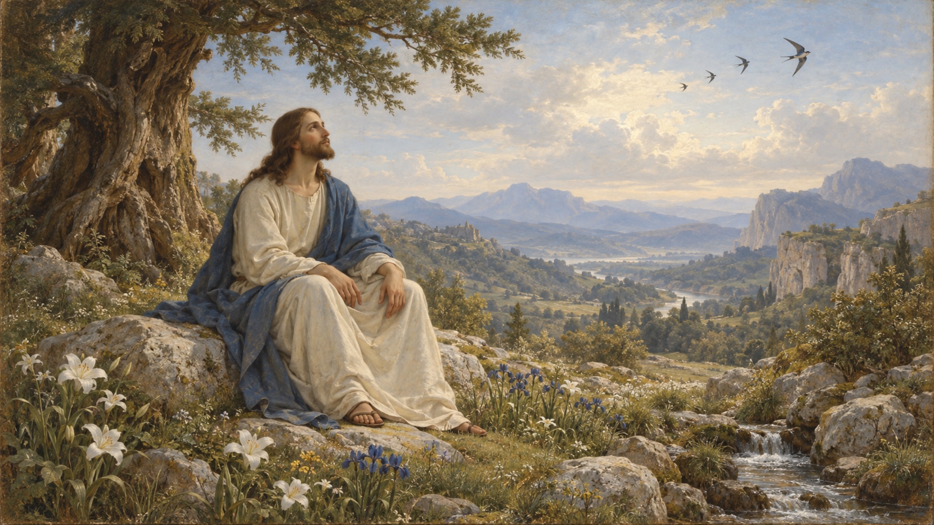 The risen Jesus in a peaceful garden near the empty tomb