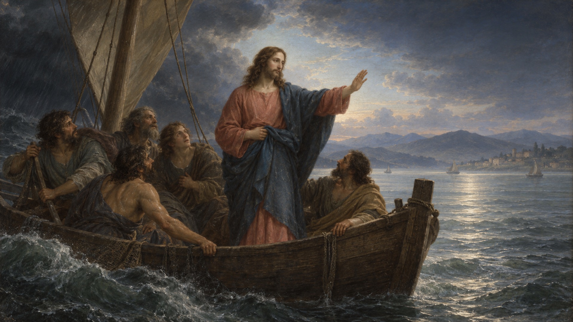 Jesus standing in a boat and calming the storm on the Sea of Galilee