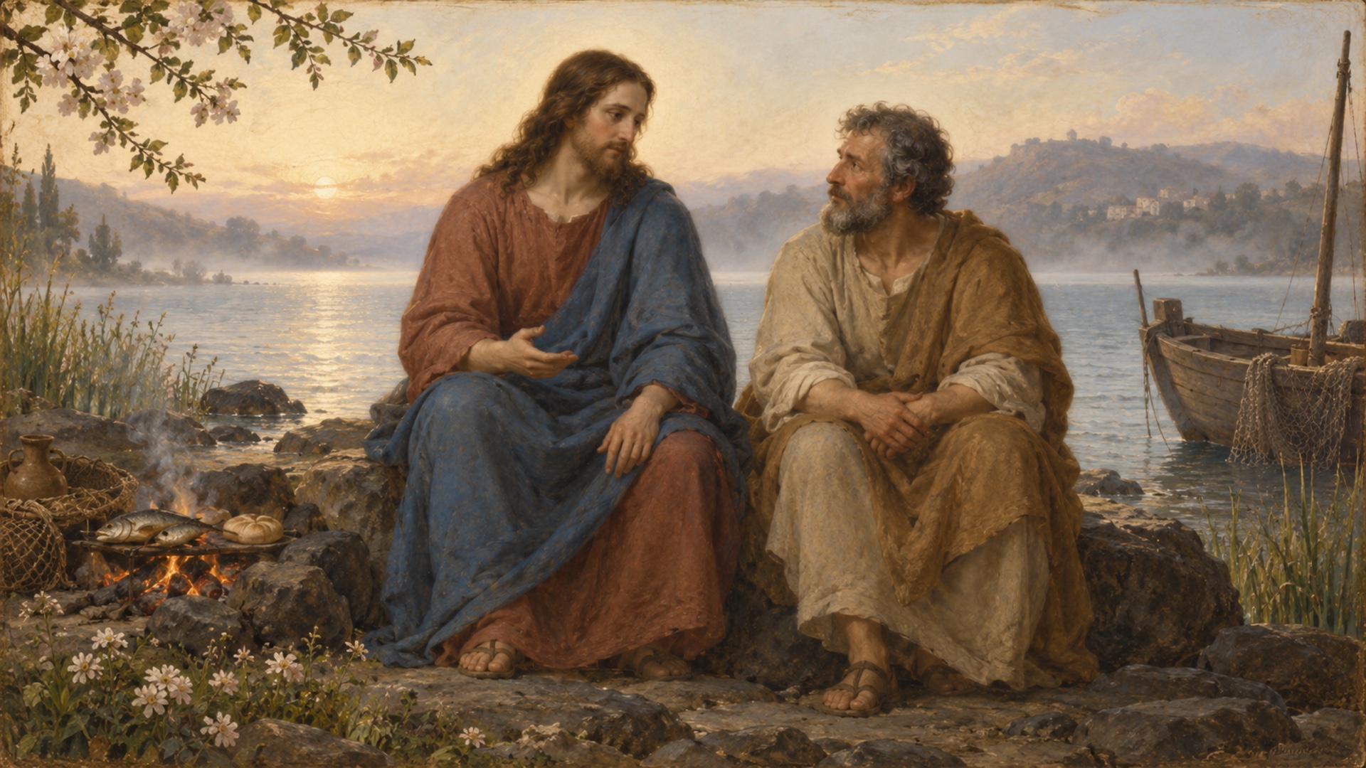Jesus restoring Peter beside the Sea of Galilee after breakfast