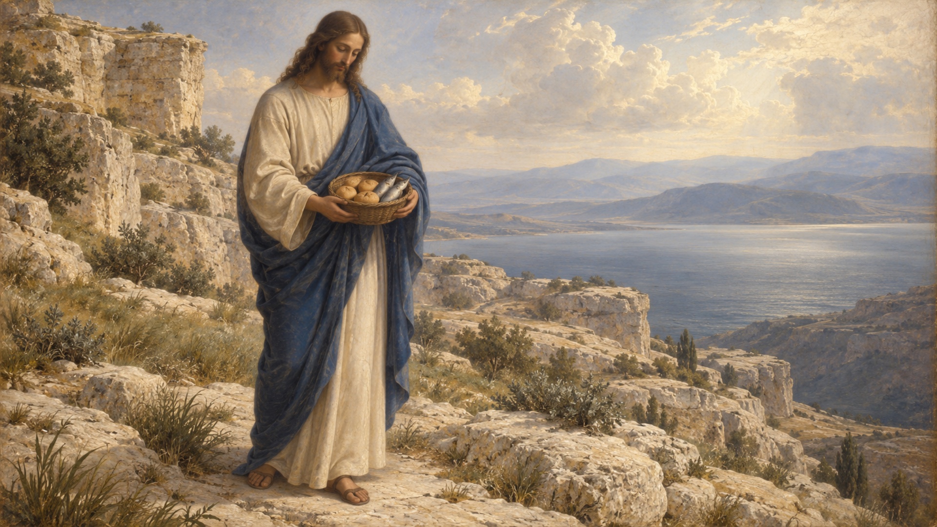 Jesus with five loaves and two fish overlooking the Sea of Galilee