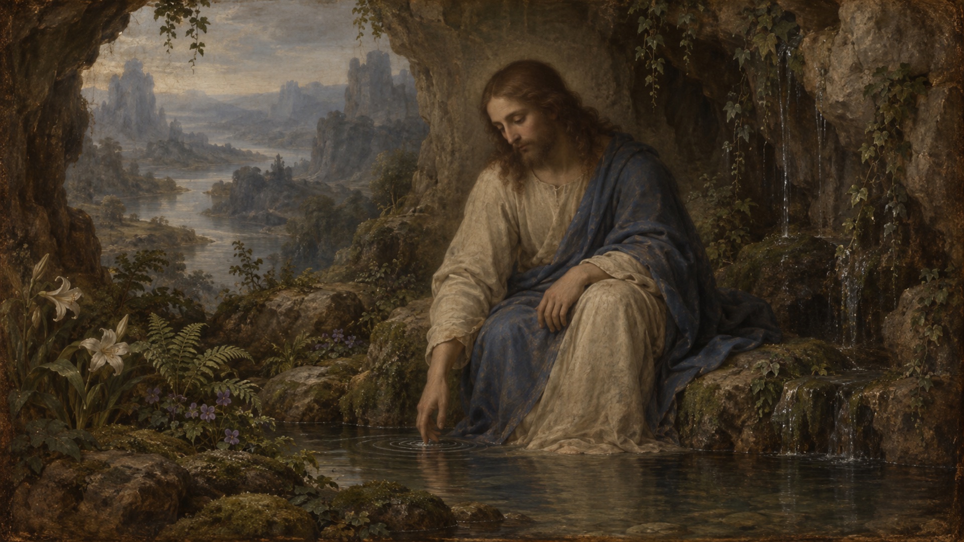 Jesus seated beside a clear spring in a quiet rocky grotto.