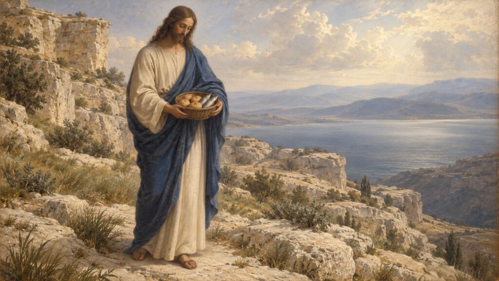 Jesus in a quiet natural setting teaching his followers how to pray