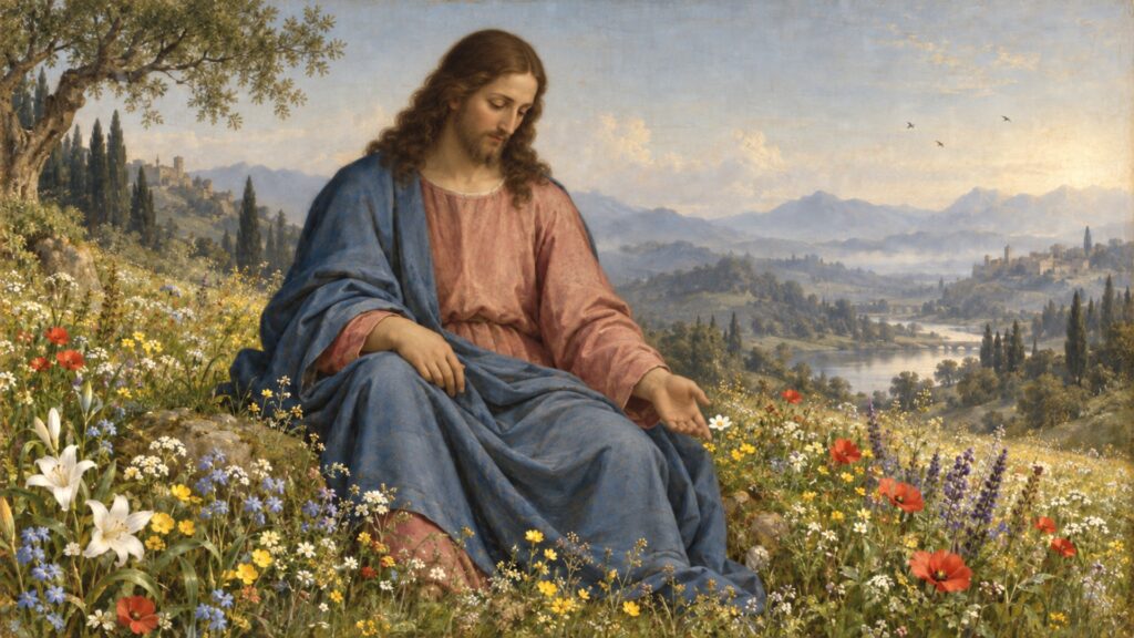 Jesus in a flower-filled meadow symbolizing welcome, mercy, and belonging