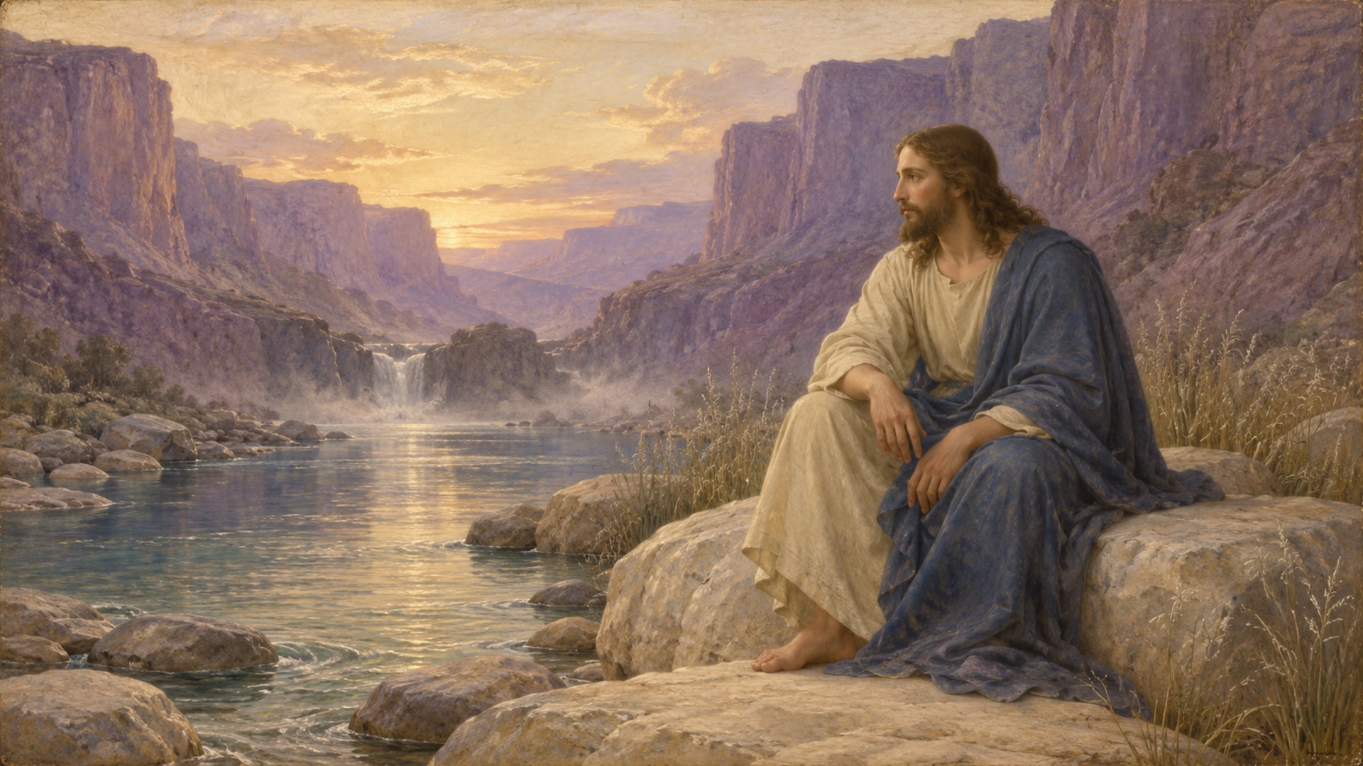 Jesus seated beside a quiet river in a luminous canyon, reflecting the invitation to rest in Matthew 11.