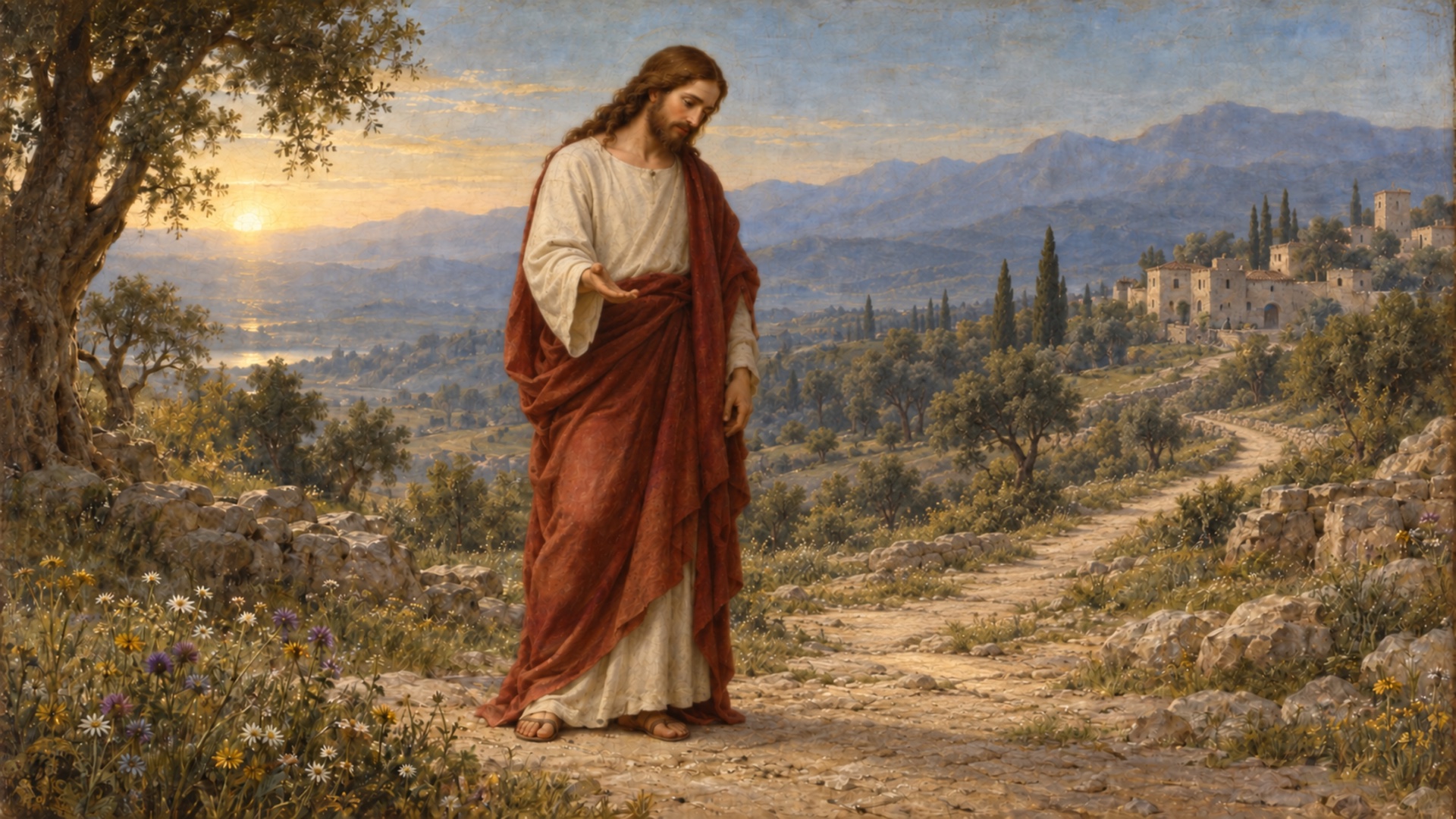 Jesus on a peaceful borderland road at dawn