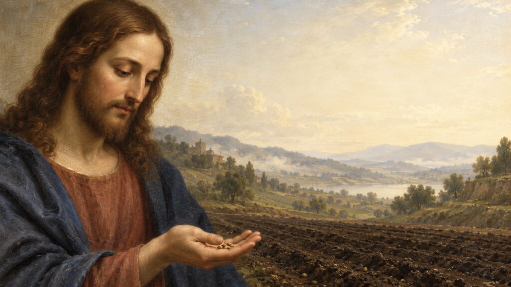 Jesus holding seeds beside a cultivated field under a luminous sky