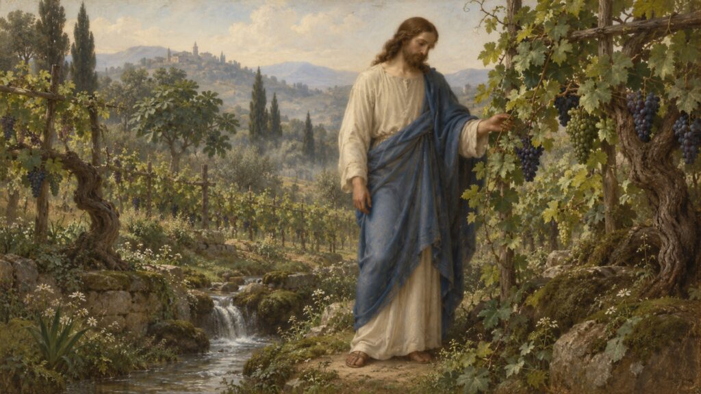 Jesus resting in a peaceful natural setting during a quiet time of Scripture meditation
