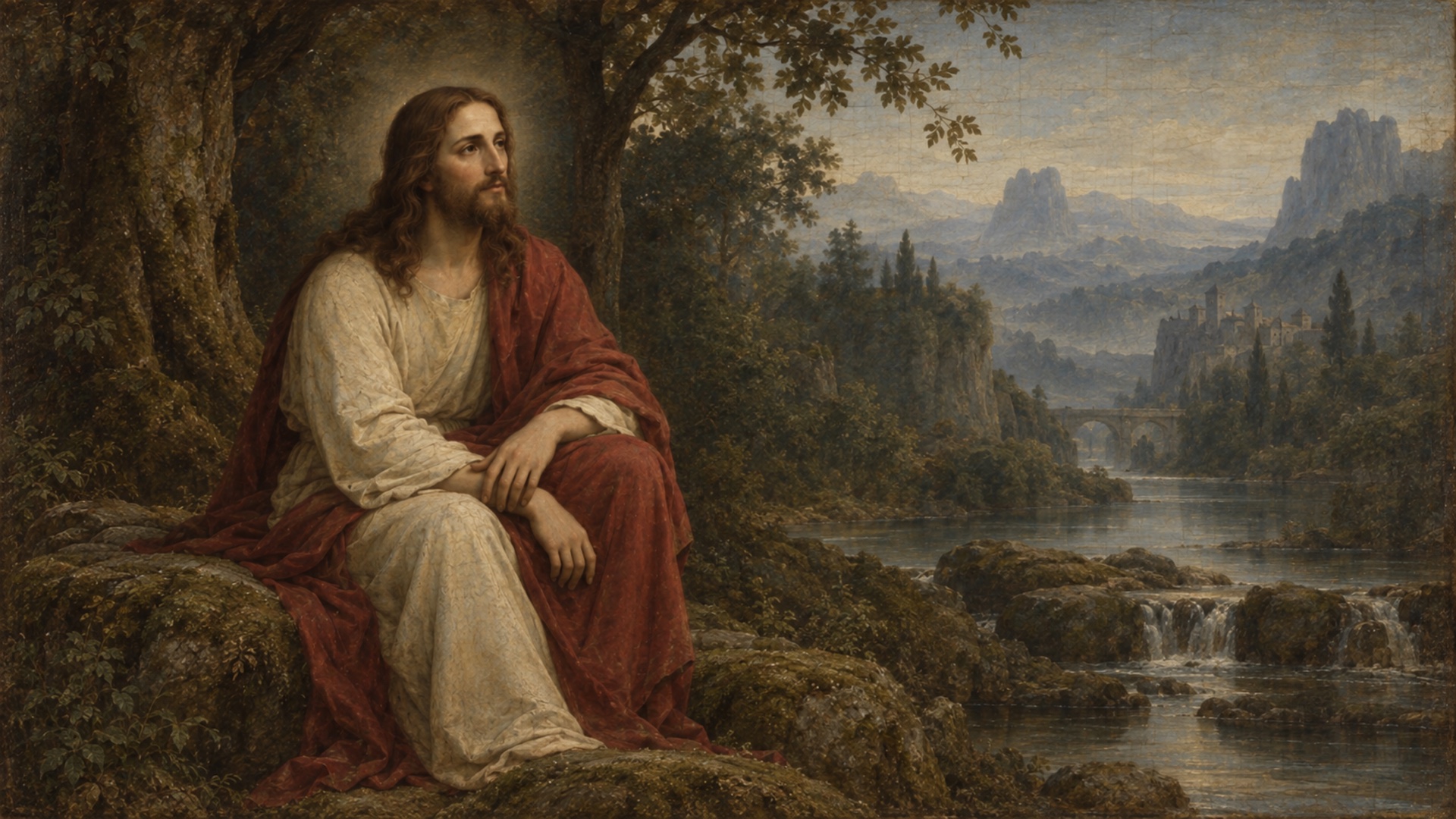 Jesus seated beneath a tree beside a river and distant village.