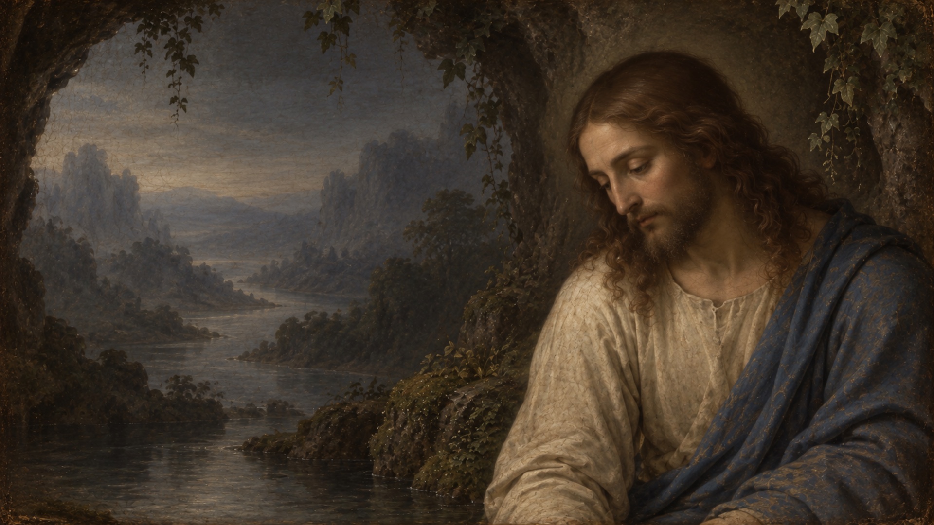 Close portrait of Jesus beside a living spring in a misty grotto