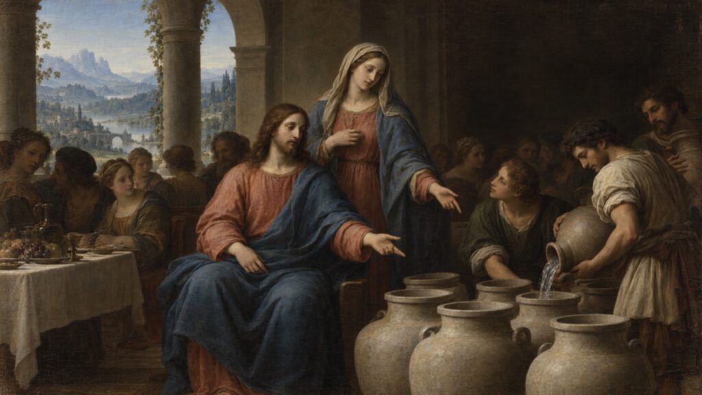 Jesus and Mary at the wedding at Cana beside servants filling six stone jars.