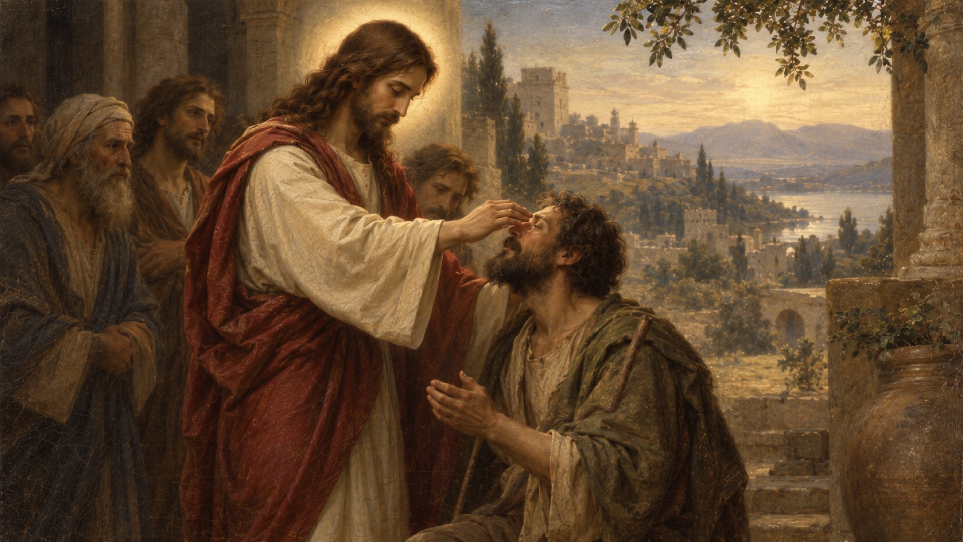 Jesus opening the eyes of the man born blind near the pool of Siloam
