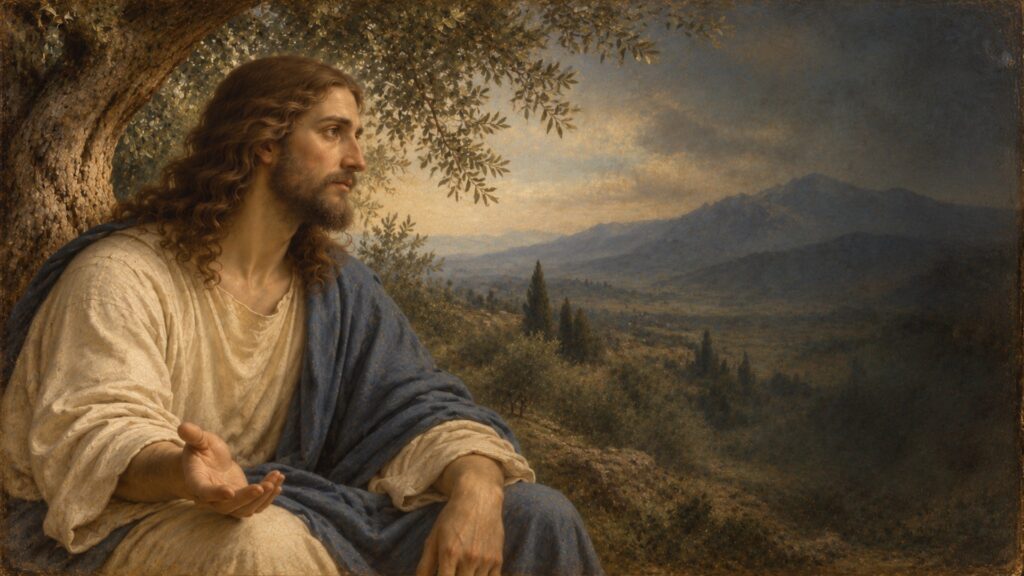 Jesus seated beneath a tree near Caesarea Philippi, looking across the northern landscape
