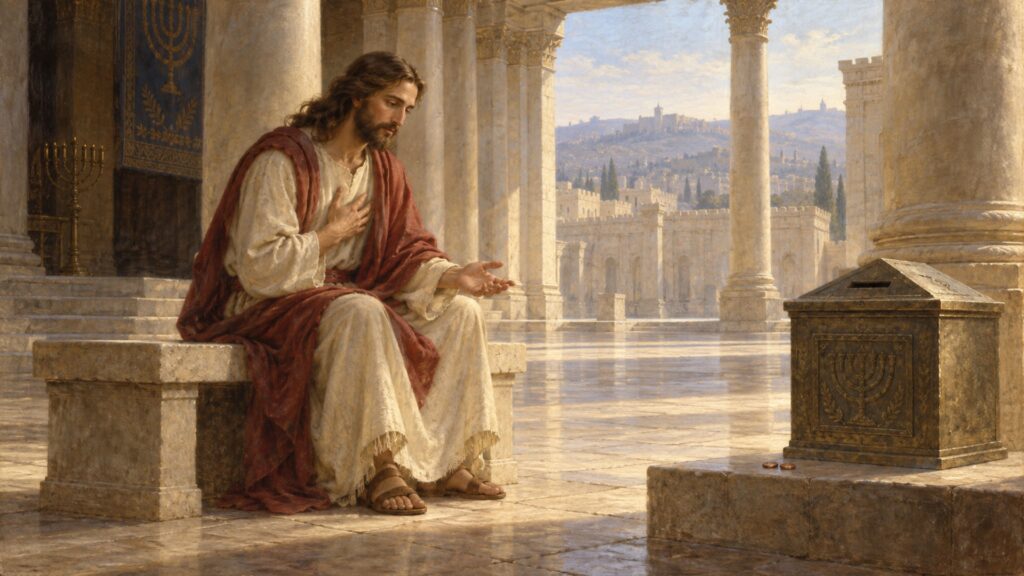 Jesus seated near the temple treasury, noticing the widow's quiet offering