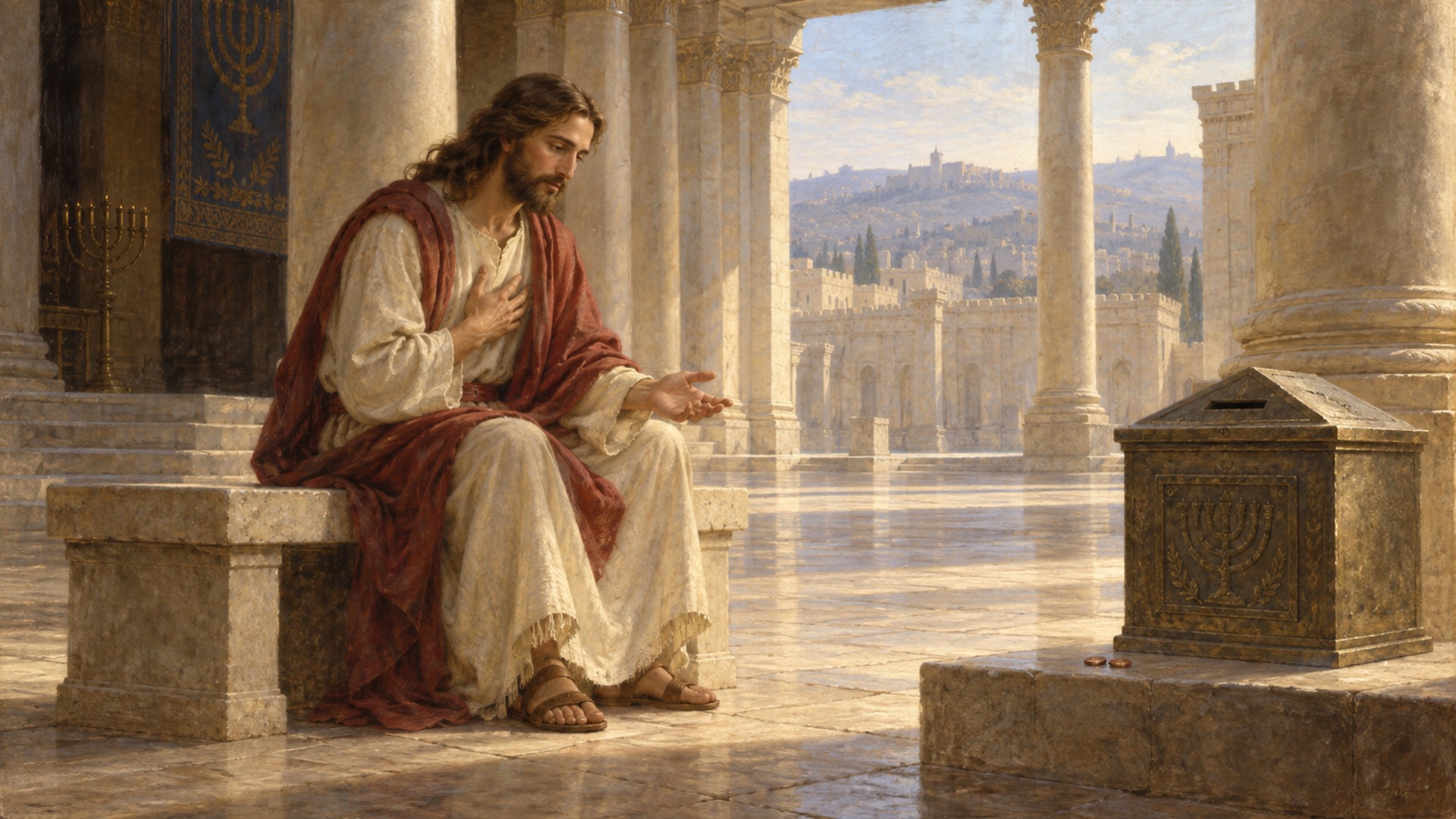 Jesus seated near the temple treasury, noticing the widow's quiet offering