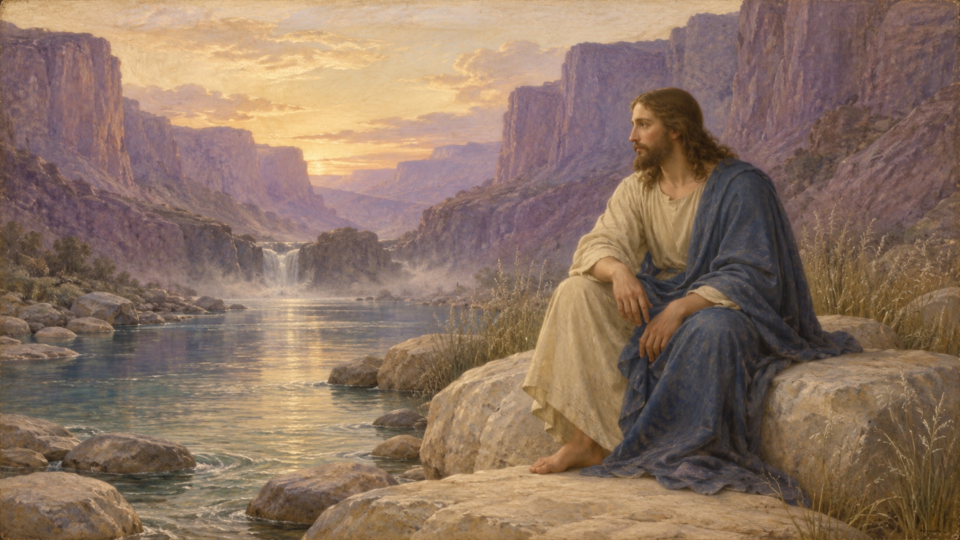 Jesus alone in prayer in a quiet natural place before dawn
