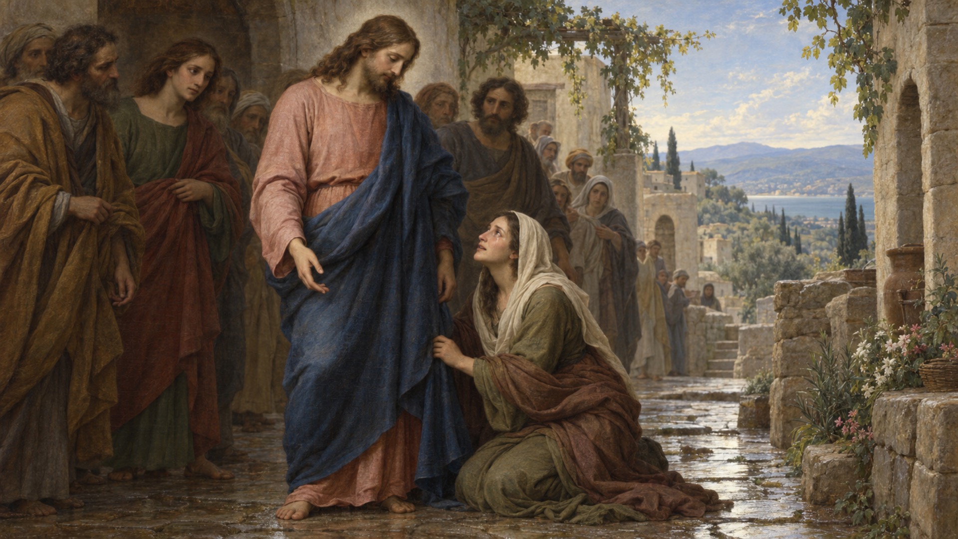 Jesus looking with compassion at the woman who touched his garment in a crowded street