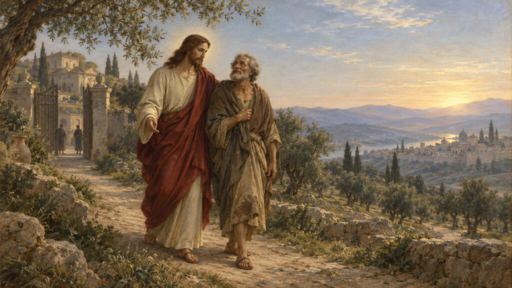 Jesus walking with a man through the hills after offering welcome and restoration